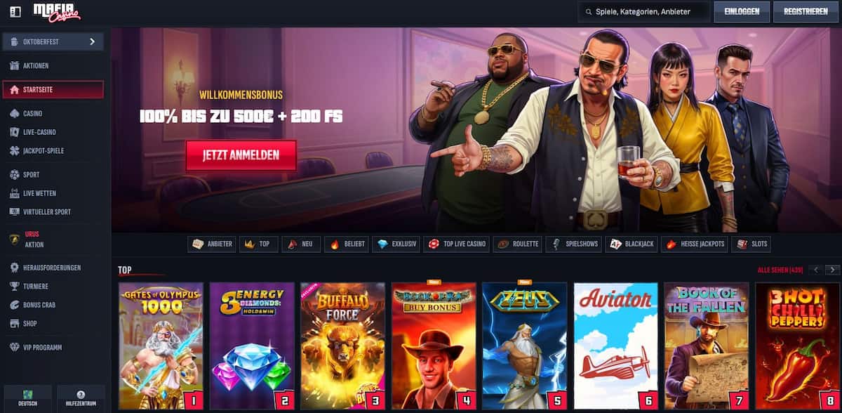 Mafia Casino setzt auf auffälliges Gangster-Design und eine riesige Spielauswahl mit rund 11.000 Titeln. Besonders stark sind das Live-Casino, Krypto-Zahlungen und das umfangreiche VIP-Programm. Einschränkungen gibt es bei klassischen Zahlungsmethoden und der fehlenden deutschen Lizenz.