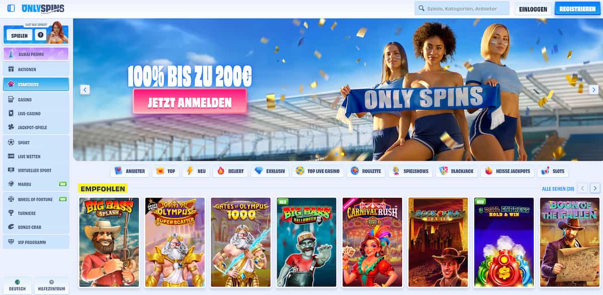 OnlySpins ist ein modernes All-in-One-Casino mit über 13.000 Spielen, Live-Casino, Sportwetten und extrem breiter Zahlungsvielfalt inklusive vieler Kryptowährungen. Attraktive Boni und schnelle Auszahlungen machen es für Vielspieler interessant, auch wenn die Plattform noch neu ist und keine deutsche Lizenz besitzt.