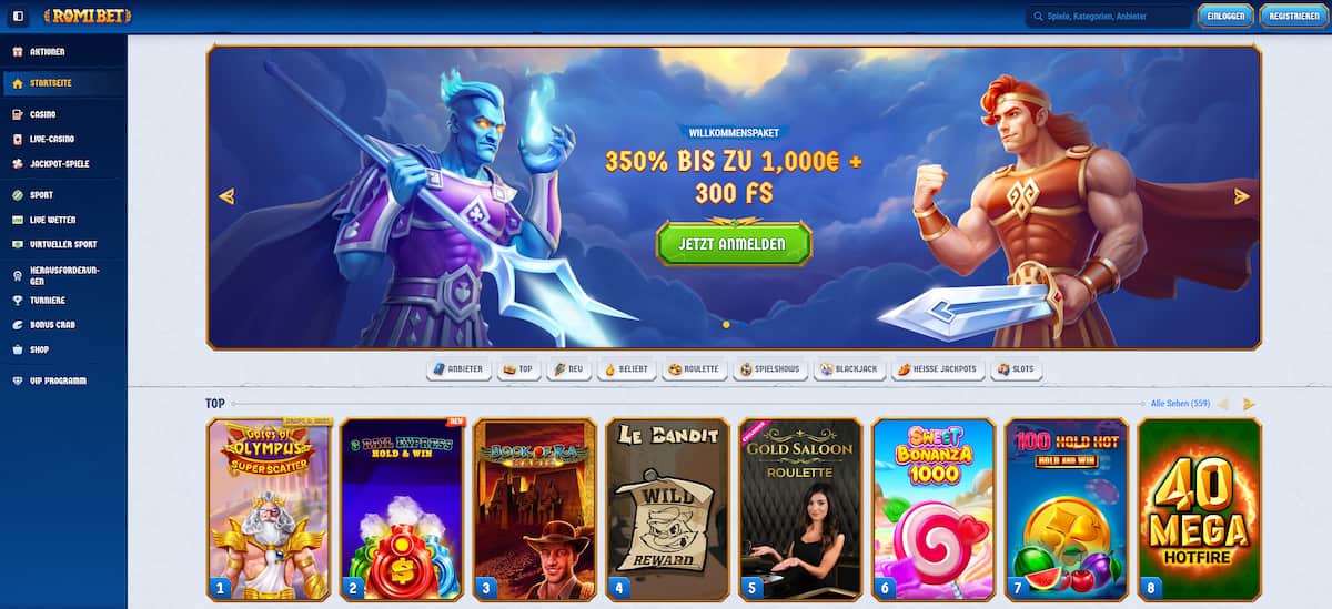 Romibet ist ein All-in-One-Casino mit über 10.000 Spielen, Live-Casino und Sportwetten. Der extrem hohe Willkommensbonus sticht hervor, ebenso die große Auswahl an Slots und Live-Tischen. Wegen hoher Umsatzbedingungen und fehlender deutscher Lizenz ist es eher für erfahrene Spieler geeignet.